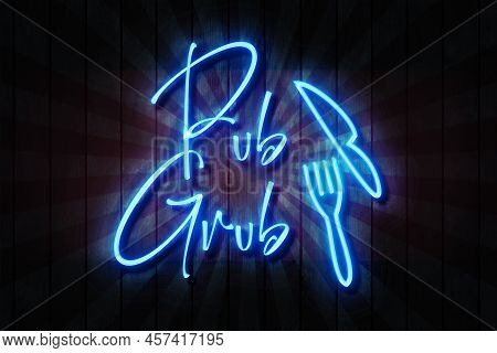 Pub Grub Blue Neon Sign On A Dark Wooden Wall 3d Illustration.