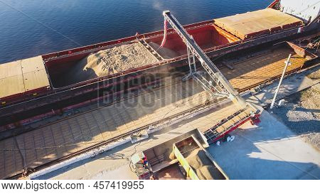 Aerial View Of Big Grain Elevators On The Sea. Loading Of Grain On Ship. Port Ukraine. Cargo Ship
