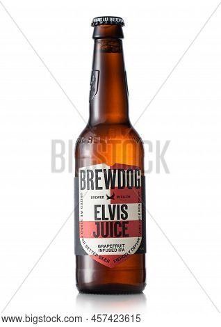 London,uk - May 29, 2022: Bottle Of Elvis Juice Grapefruit Ipa Beer By Brewdog On White.