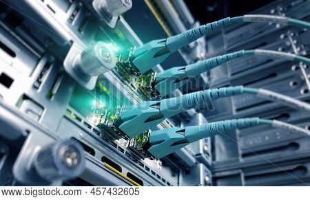 Cables Pluged In Network Server. Optical Connection.