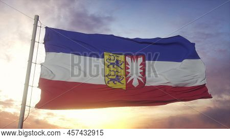 Schleswig Holstein Flag, Germany, Waving In The Wind, Sky And Sun Background. 3d Rendering.