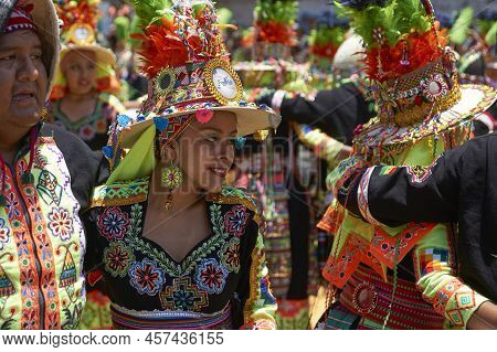 Arica, Chile - February 11, 2017: Tinkus Dance Group Dressed In Ornate Costumes Performing A Tinkus 