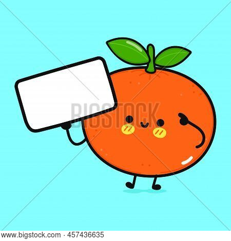 Cute Funny Mandarin With Poster. Vector Hand Drawn Cartoon Kawaii Character Illustration Icon. Isola