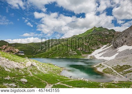 Mountain Hiking Trail Road. Small Mountain Lake. Between Italy And Austria: Volaia Lake Raunchkofer