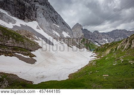 Mountain Hiking Trail Road. Small Mountain Lake. Between Italy And Austria: Near Volaia Lake Raunchk