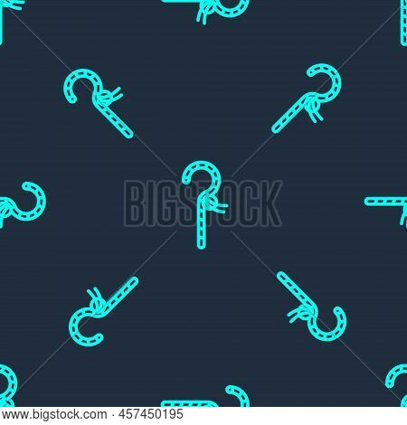 Green Line Crook Icon Isolated Seamless Pattern On Blue Background. Ancient Egypt Symbol. Scepters O