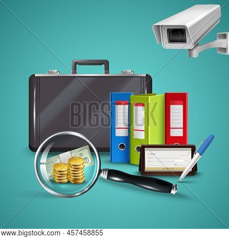 Business Realistic Concept With Various Objects In Office Of Book Keeper Vector Illustration