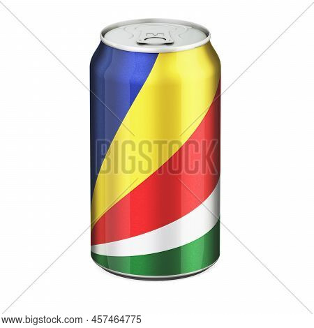 Seychelloise Flag Painted On The Drink Metallic Can. 3d Rendering Isolated On White Background