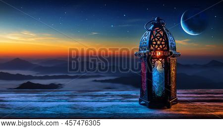 Ornamental Arabic Lantern On Wooden Table, Ramadan Kareem Background