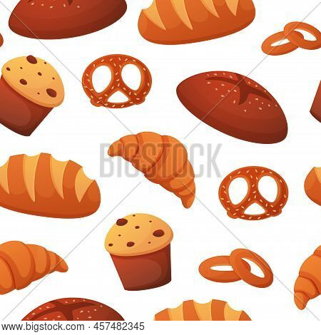 Bakery Pattern. Hand Drawn Sketch Wheat Bread, Cartoon Baking Food For Breakfast, Kitchen Pastry. Is