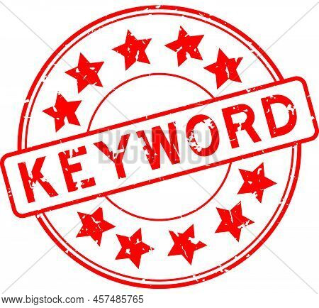 Grunge Red Keyword Word With Star Icon Round Rubber Seal Stamp On White Background