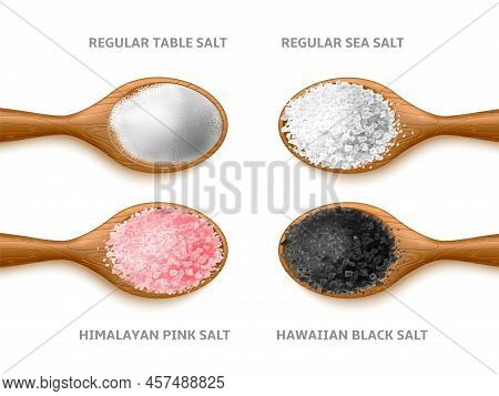 Realistic Salt Types. Cooking Crystals And Powder, Different Sea Natural Product In Woden Spoon, Org