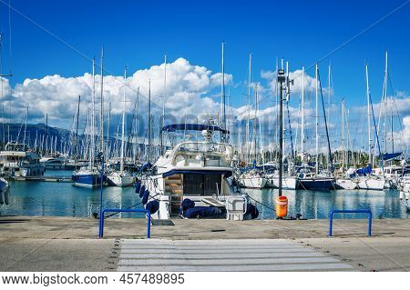 Corfu Island, Greece- May 5, 2019: View Of Beautiful Gouvia Port Marina - Calm Sea, White Yachts And