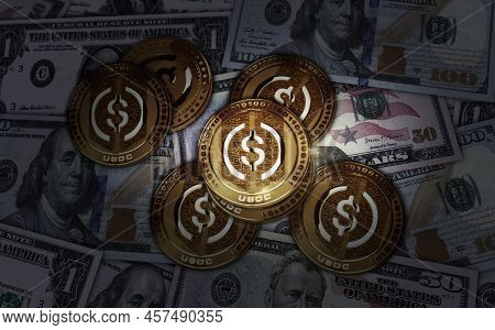 Usdc Usd Coin Stablecoin Cryptocurrency Golden Coin 3D Illustration
