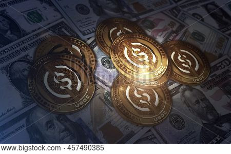 Usdc Usd Coin Stablecoin Cryptocurrency Golden Coin 3D Illustration