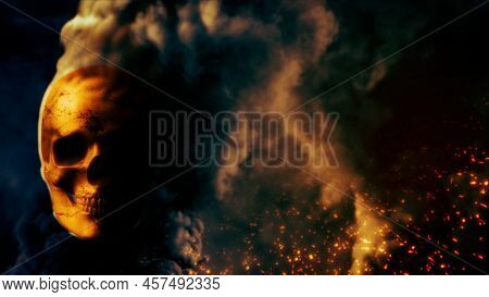 Burning Orange Skull With Fire Fire Backdrop With Free Space - War Concept - Abstract 3d Illustratio
