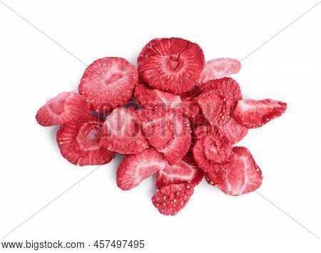 Pile Of Freeze Dried Strawberries On White Background, Top View