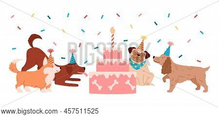 Cute Happy Dogs In Holiday Hats On Pet Birthday Party Flat Style