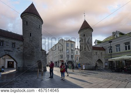 Tallinn, Estonia. July 2022.  Panoramic View Of The Ancient Viru City Gate In The City Center