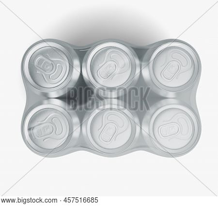 A Shrink Wrapped Six Pack Of Regular Brushed Aluminum Beverage Cans On An Isolateds Tudio Backgound 