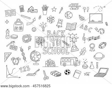 School Hand Drawn Set. Objects For Educaton. School Drawings. Design Doodle Elements. Black Supplies
