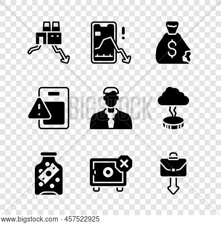 Set Shutdown Of Factory, Mobile Stock Trading, Money Bag, Glass Money Jar With Coin, Safe, Briefcase