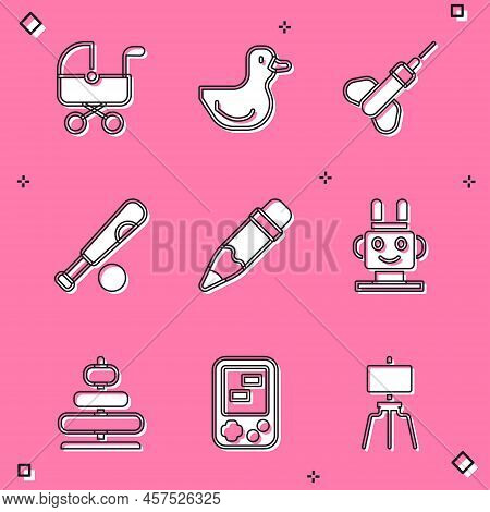 Set Baby Stroller, Rubber Duck, Dart Arrow, Baseball Bat With Ball, Pencil Eraser, Robot Toy, Pyrami