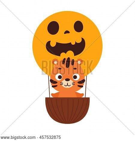 Cute Little Tiger Flying On Halloween Hot Air Balloon. Cartoon Animal Character For Kids T-shirts, N