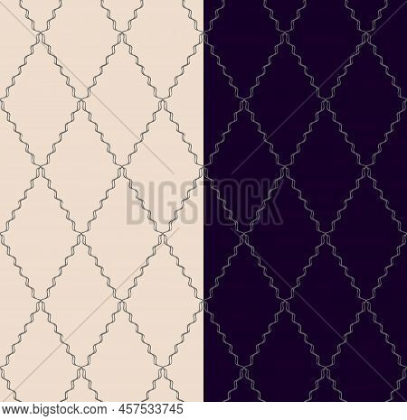 Wavy Zigzag Line Ornamental Seamless Pattern, Rhombus Geometric Shape, Diagonal Grid. Hand Drawn Doo