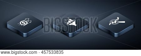 Set Isometric Financial Growth Dollar, Search Data Analysis And Sales Funnel With Chart Icon. Vector