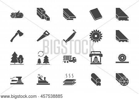 Lumber Flat Icons. Vector Illustration Include Icon - Log, Plank, Polishing Grinder, Saw, Lumberjack