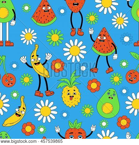 Retro Seamless Pattern, Groovy Psychedelic Background. Vector Hippy Pattern With Vibes Groovy Elemen