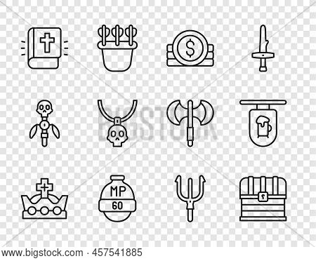 Set Line King Crown, Chest, Ancient Coin, Video Game Bar, Holy Bible Book, Necklace Amulet, Neptune 
