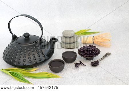 Dulse Herbal Drink For Japanese Tea Ceremony With Ceramic Tea Set, Whisk, Pebble Stack. Healthy Beve