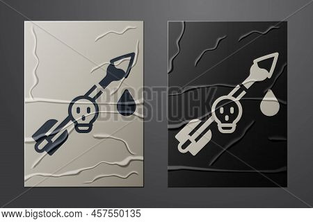 White Poison On The Arrow Icon Isolated On Crumpled Paper Background. Poisoned Arrow. Paper Art Styl