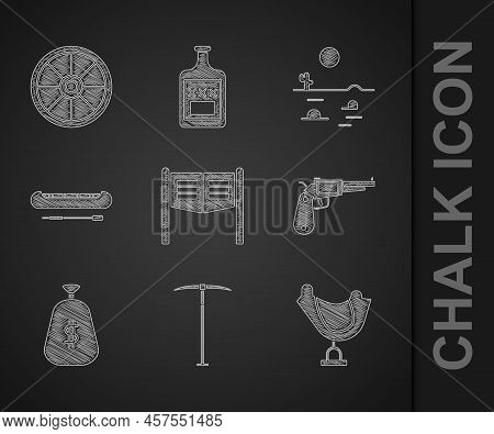 Set Saloon Door, Pickaxe, Wild West Saddle, Revolver Gun, Money Bag, Kayak Canoe And Paddle, Desert 
