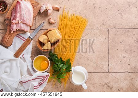 Ingredients For Pasta Carbonara. Traidtional Italian Pasta Carbonara Ingredients Bacon, Spaghetti, P