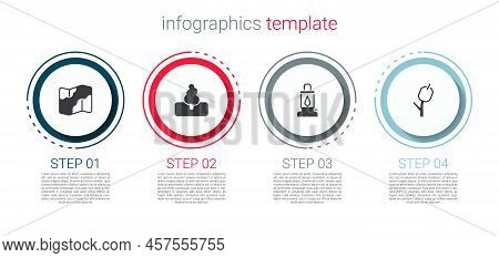 Set Camping And Hiking On Map, Tree, Lantern And Marshmallow Stick. Business Infographic Template. V