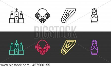 Set Line Church Building, Russian Bagels, Kankles And Doll Matryoshka On Black And White. Vector