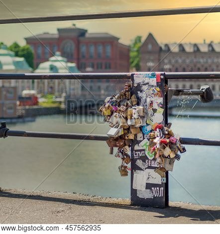 Stockholm, Sweden - June 26 2022: Love Locks Attached By Lovers To The Railing Of Riksbron Bridge, O