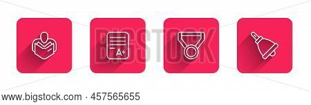 Set Line Man Reading Book, Exam Sheet With A Plus Grade, Medal And Ringing Bell With Long Shadow. Re