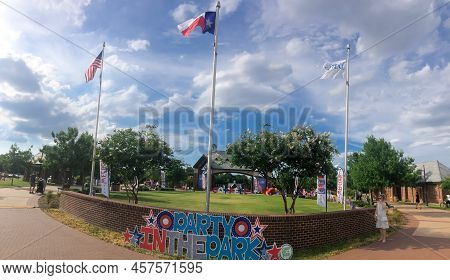 Panorama Proudly Display Of American, Texas And Coppell Flags At The Entrance Of Andrew Brown Park E