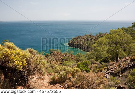 Beautiful Seascape. View Of Mediterranean Sea From A Hilltop. Postcard With A View Of Calm Sea In Cl