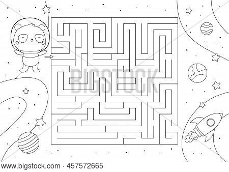 Maze Game With Cute Panda In Space. Educational Puzzle For Coloring Book. Cartoon Kawaii Bear, Space