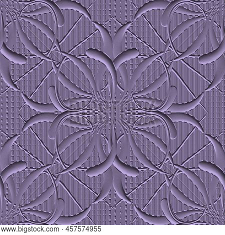 3d Textured Emboss Paisley Seamless Pattern. Embossed Floral Dotted Line Violet Background. Surface 