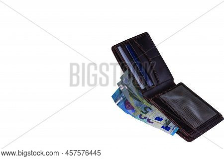 Close Up View Of Open Leather Wallet With Different Banknotes On White Background Isolated.