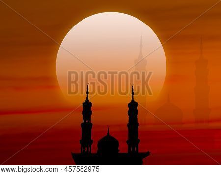 Ramadan, Eid Ai-fitr,new Year Muharram Islamic Religion Symbols With Mosques Dome Silhouette On Dark