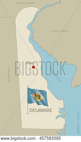 Map Of Delaware Federal State With Waving Flag. Highly Detailed Editable Map Of Delaware American St