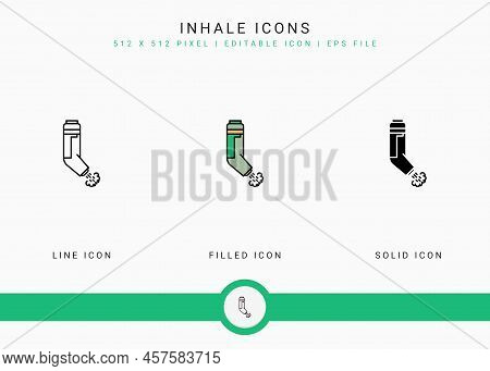 Inhale Icons Set Vector Illustration With Solid Icon Line Style. Asthma Spray Concept. Editable Stro