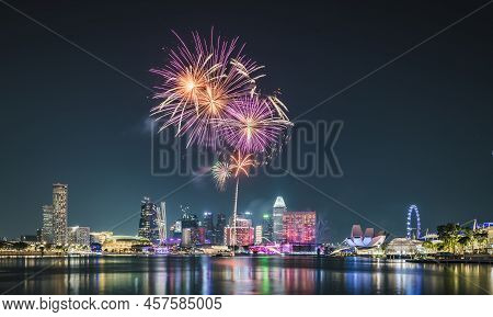 Singapore - 2022-07-02 Fireworks rehearsal at Marina Bay for 57th National Day Singapore.